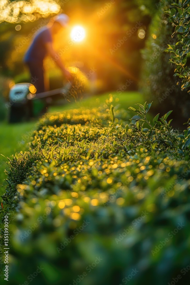 A person using a lawn mower to trim a hedge