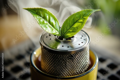 Obraz na płótnie A tea strainer with a single green leaf stuck in it w salonie