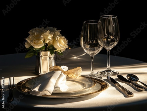 Obraz na płótnie A table with a plate, silverware and a vase of fresh flowers w salonie