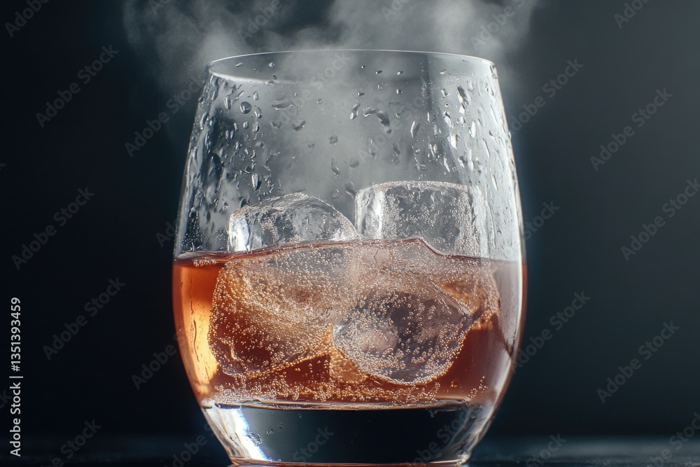 A glass filled with cold liquid and ice cubes