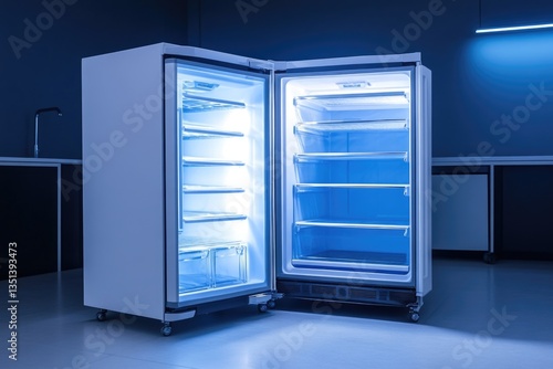A refrigerator without food or drinks in a dimly lit space, ideal for conceptual photography or crime scene scenes