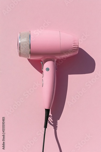 A pink hair dryer sits on top of a pink wall, great for beauty or lifestyle photography