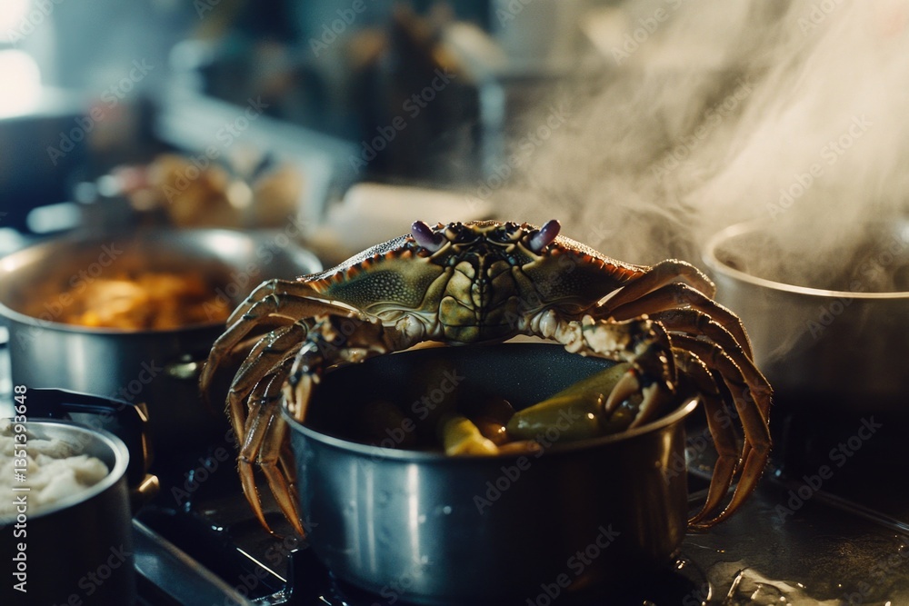 A crab perched on the edge of a stove surrounded by various cooking vessels, ready for its culinary adventure