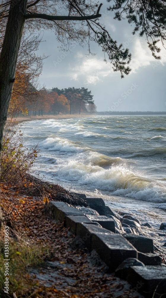 A serene scene of a body of water from a rocky shore, perfect for use in travel or outdoor-themed projects