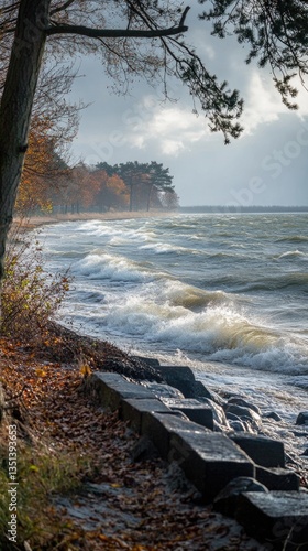 Obraz na płótnie A serene scene of a body of water from a rocky shore, perfect for use in travel or outdoor-themed projects w salonie