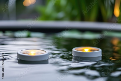 Two lit candles floating on the surface of calm water, creating a peaceful atmosphere