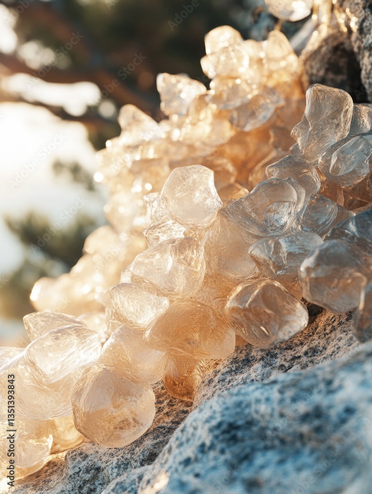 Close-up of ice crystals forming on a rocky surface, frozen in time