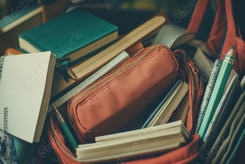 A red backpack filled with school supplies, great for educational or study-themed images