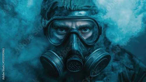 Obraz na płótnie A person wearing a gas mask exhaling smoke, possibly in a hazardous environment w salonie