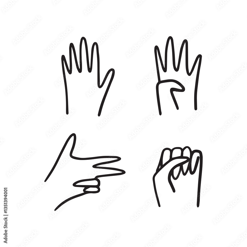 Fototapeta premium Set of 4 hand drawn hands. Doodling hands. Sketch of a human being. Shapes and positions of hands.
