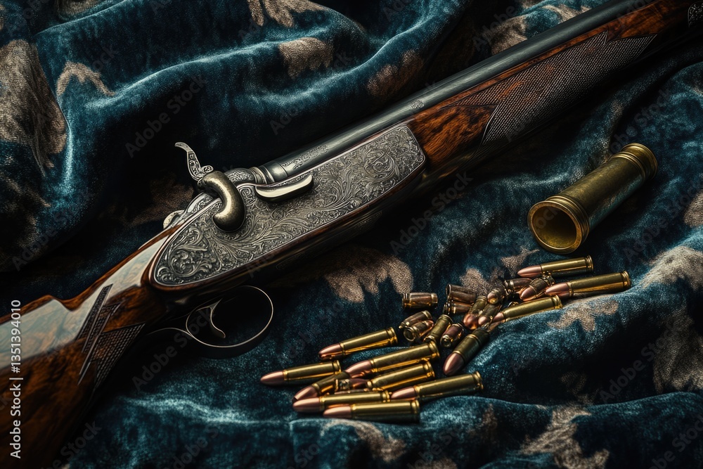 A gun and bullet shells arranged on a blue blanket, perfect for photography or illustration props