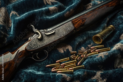 Obraz na płótnie A gun and bullet shells arranged on a blue blanket, perfect for photography or illustration props w salonie