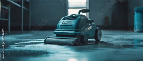 A blue floor scrubber is placed on a hard floor, ready for use