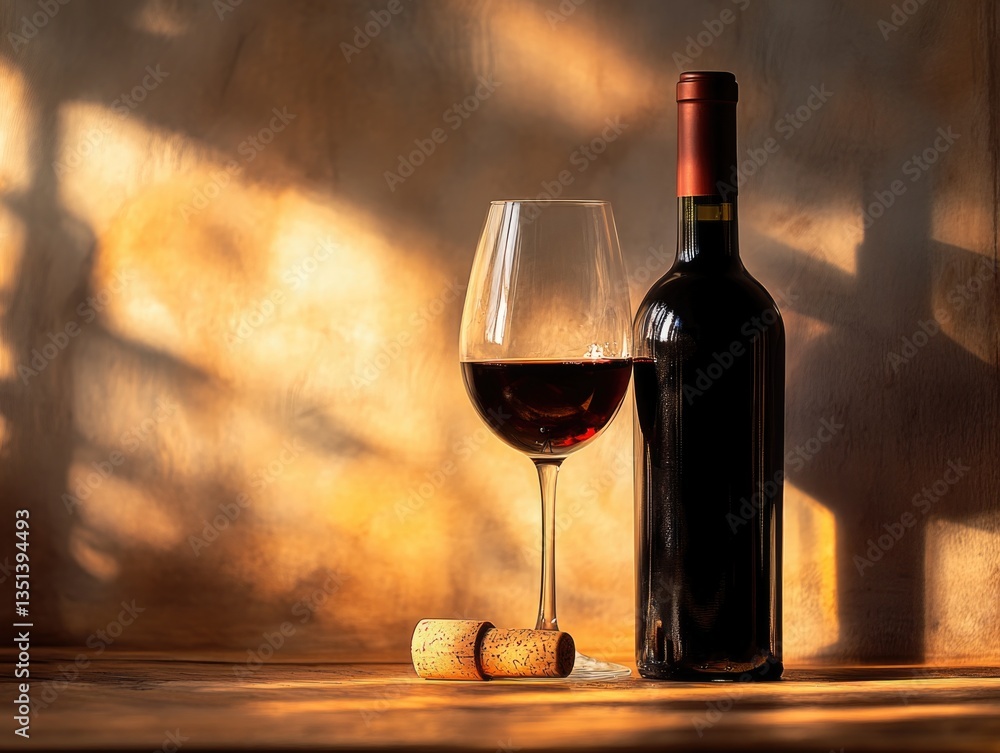 A bottle of wine and a glass of wine on a table or counter