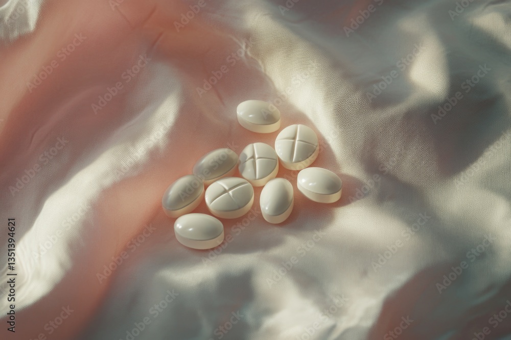 A collection of pills arranged on a white cloth, suitable for medical or pharmaceutical contexts