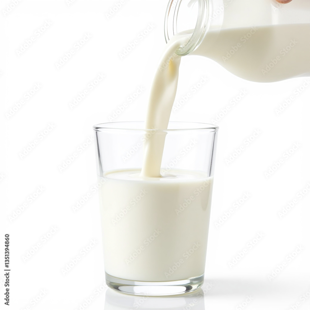 Glass pitcher, fresh milk, front view, smooth curved handle, isolated transparent