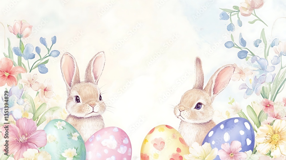 Obraz premium Easter bunnies with eggs, and flowers. (39)