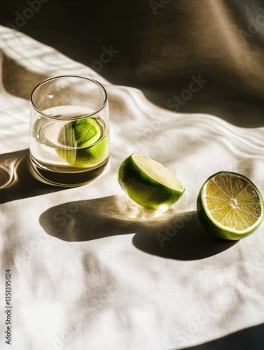 Obraz na płótnie A refreshing beverage setup with a glass of water and a lime slice w salonie