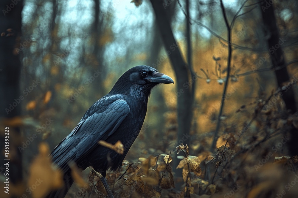 A black bird perches on top of a pile of leaves, ready to take flight