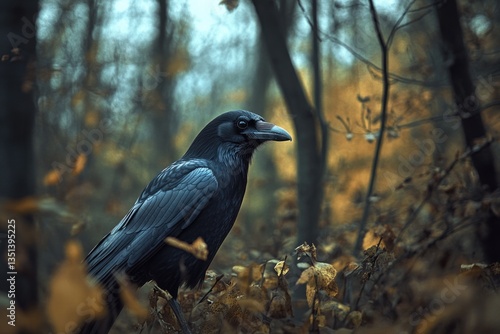 Obraz na płótnie A black bird perches on top of a pile of leaves, ready to take flight w salonie