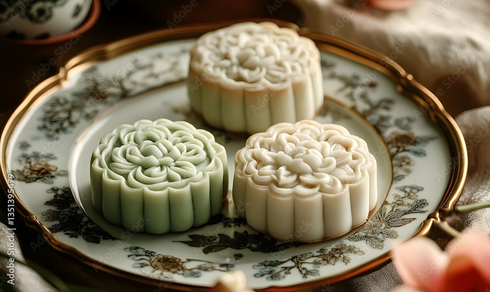 A set of mooncakes with intricate traditional Chinese patterns, Generative AI A set of mooncakes with intricate traditional Chinese patterns, Generative AI
