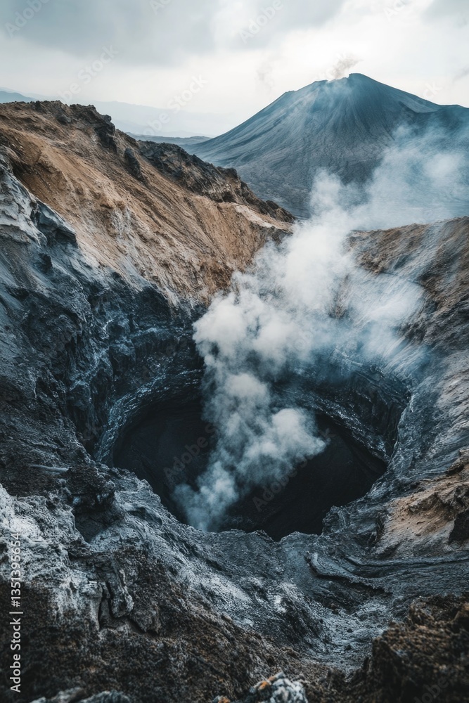 A large crater with thick smoke billowing out