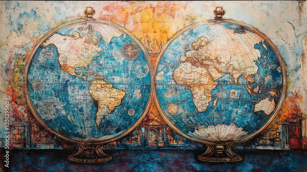 Artistic Depiction of Two Globes Displaying World Maps with Textured Background Artistic Depiction of Two Globes Displaying World Maps with Textured Background