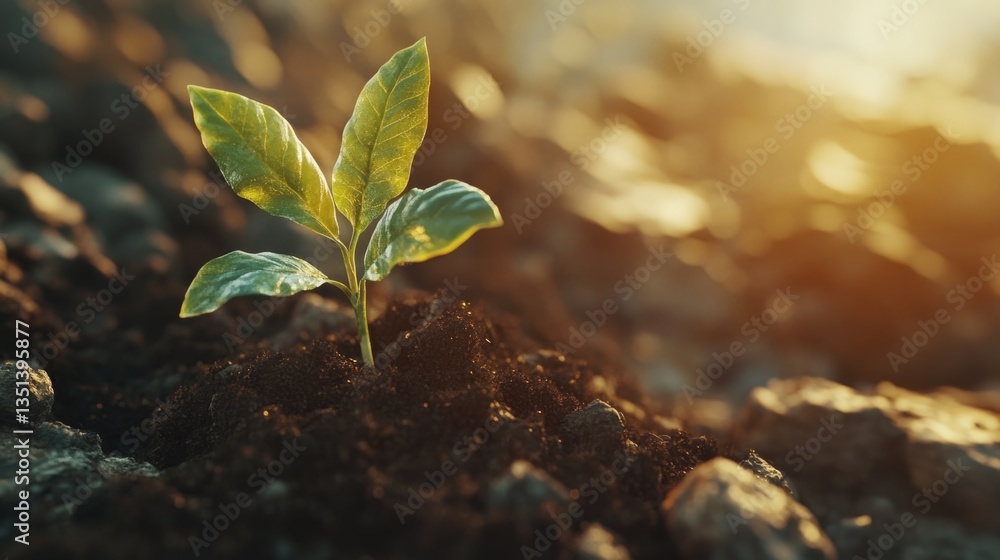 A small plant emerges from the earth, showcasing early growth stages