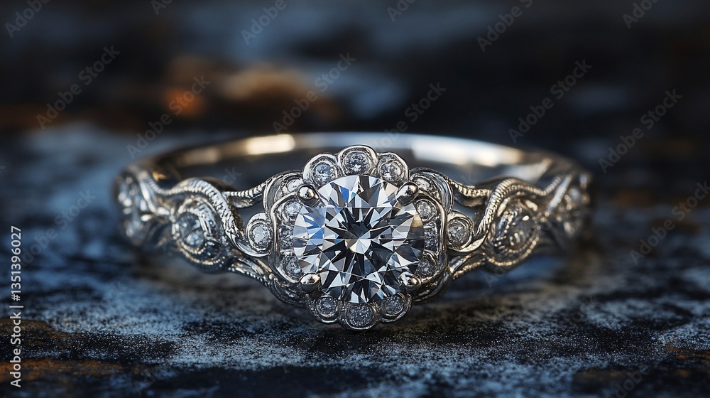 Obraz premium Close up of an ornate diamond engagement ring with a detailed band setting