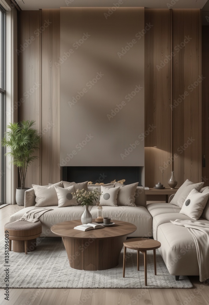 Fototapeta premium Modern Minimalist Living Room with Neutral Tones and Elegant Furniture in a Sunlit Space Featuring Large Windows and Wooden Accents..**