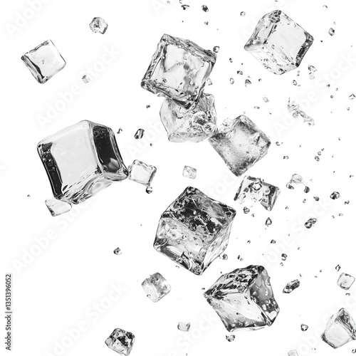 falling ice cubes isolated on transparent background