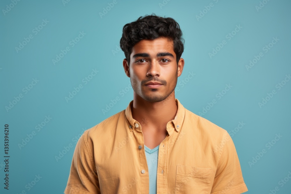 Fototapeta premium A man with a beard and a yellow shirt is standing in front of a blue wall