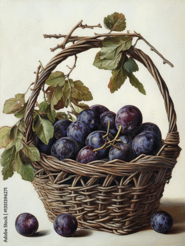 A still life image of a basket filled with plums placed on a wooden table