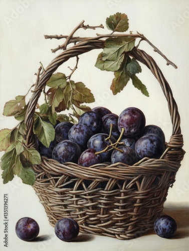 A still life image of a basket filled with plums placed on a wooden table