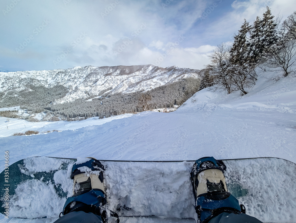 Snowboarder POV Atop Snowy Slope