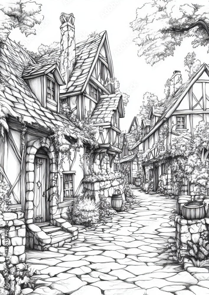 Fototapeta premium Fantasy Village Coloring Pages