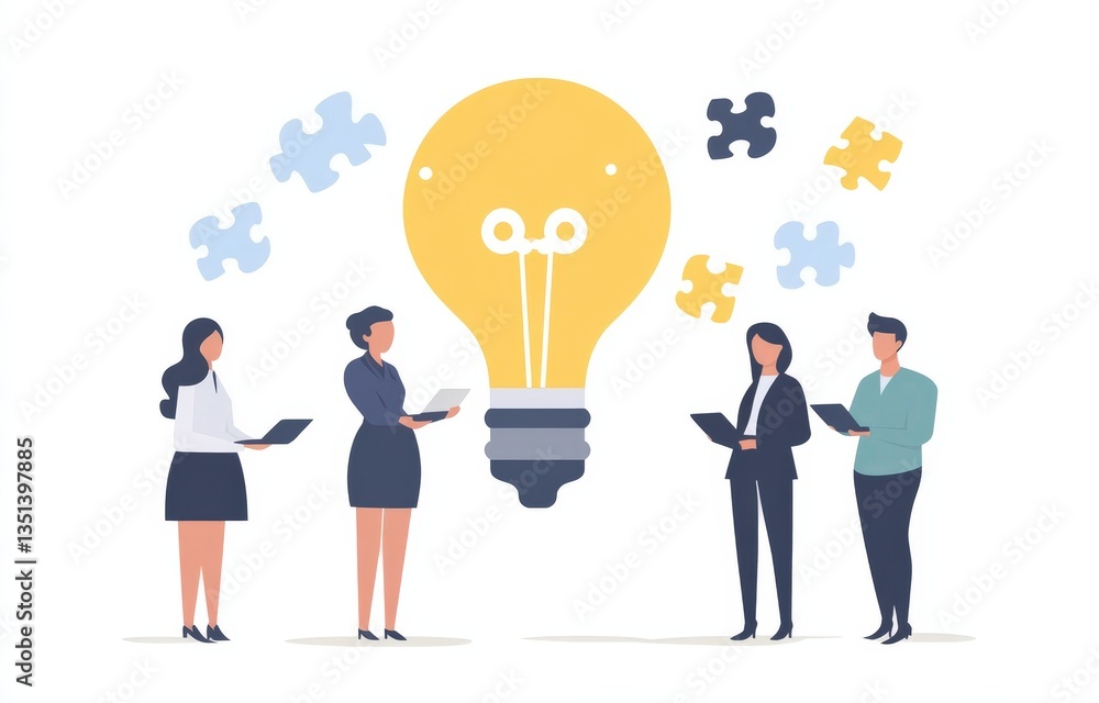 Several individuals are gathered around and discussing a light bulb Several individuals are gathered around and discussing a light bulb