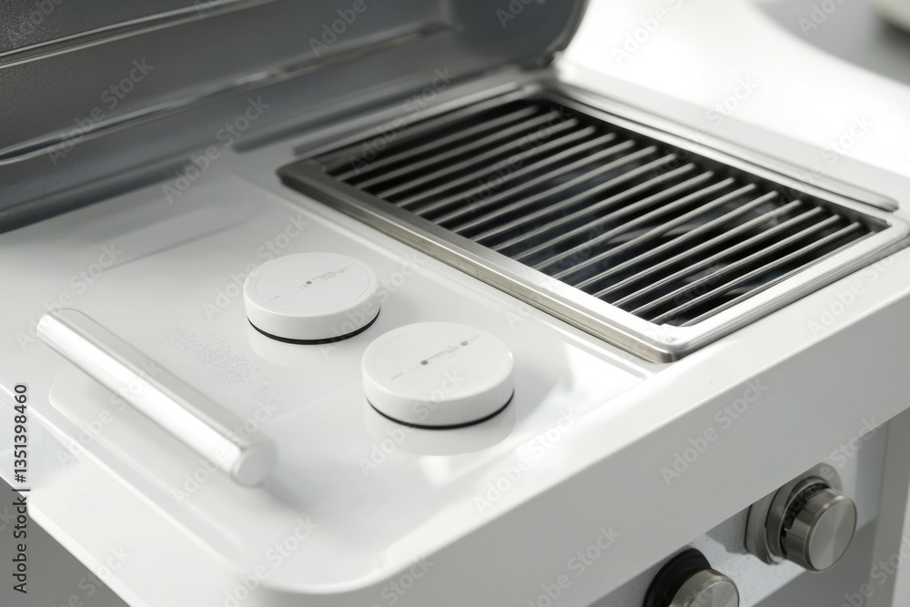 Close-up of a grill with two control knobs