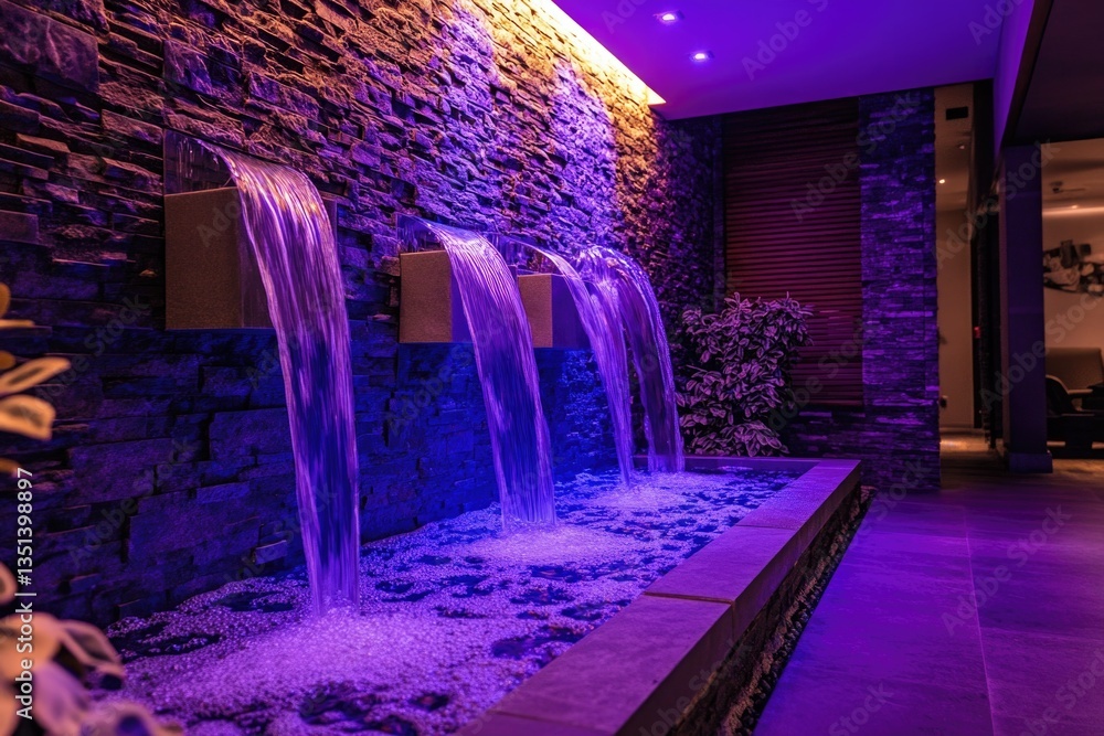 A modern water fountain with purple lights inside a room