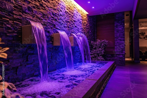 Obraz na płótnie A modern water fountain with purple lights inside a room w salonie