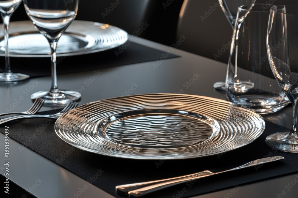 A table with a plate, silverware, and glassware