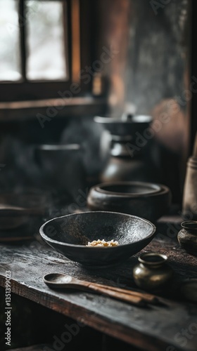 A wooden table set with various bowls and utensils