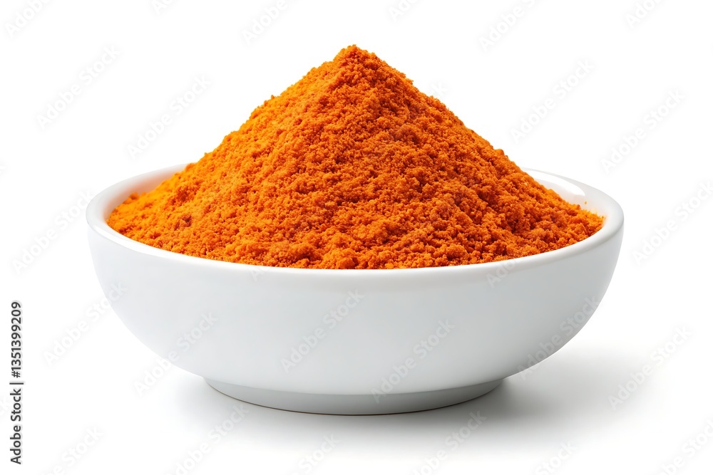Vibrant orange turmeric powder nestled in a pristine white bowl, a culinary treasure ready to infuse dishes with warmth and flavor against a bright white background. Vibrant orange turmeric powder nestled in a pristine white bowl, a culinary treasure ready to infuse dishes with warmth and flavor against a bright white background.