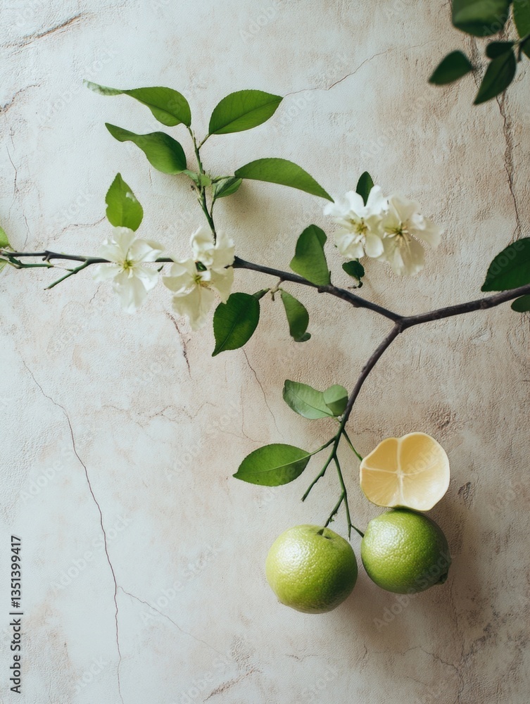 A picture of two limes growing on a branch with white flowers