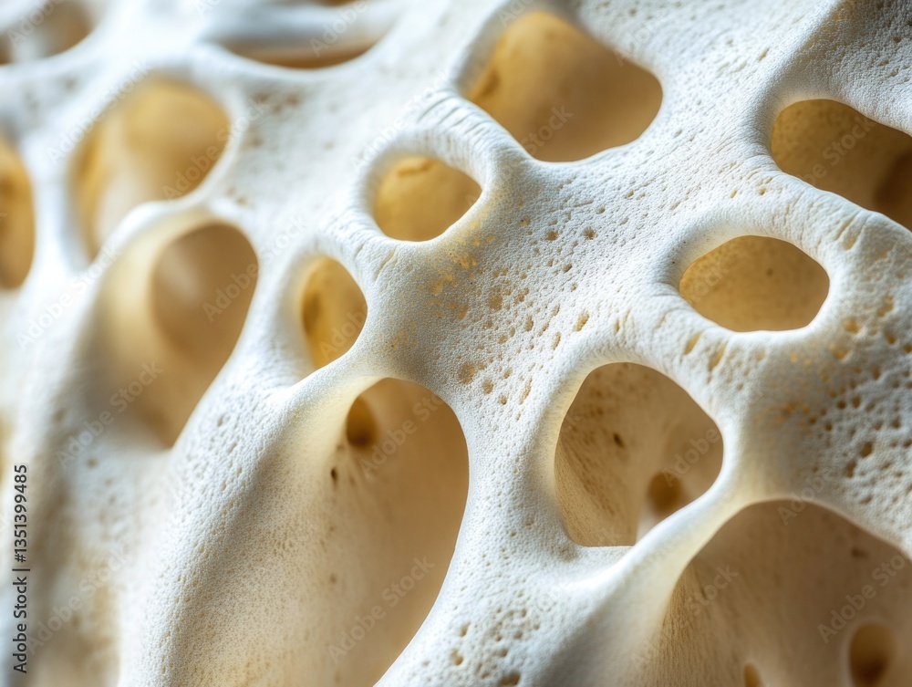 A detailed view of a bone with holes showing its internal structure