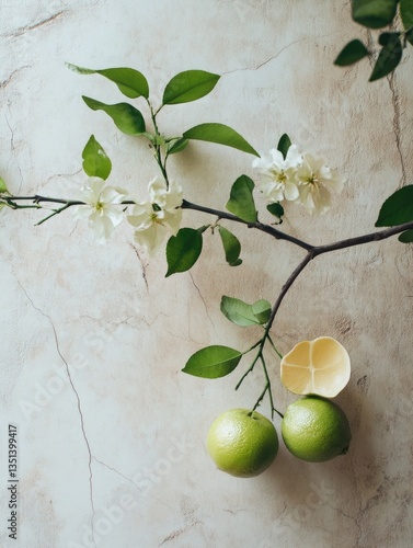 Obraz na płótnie A picture of two limes growing on a branch with white flowers w salonie