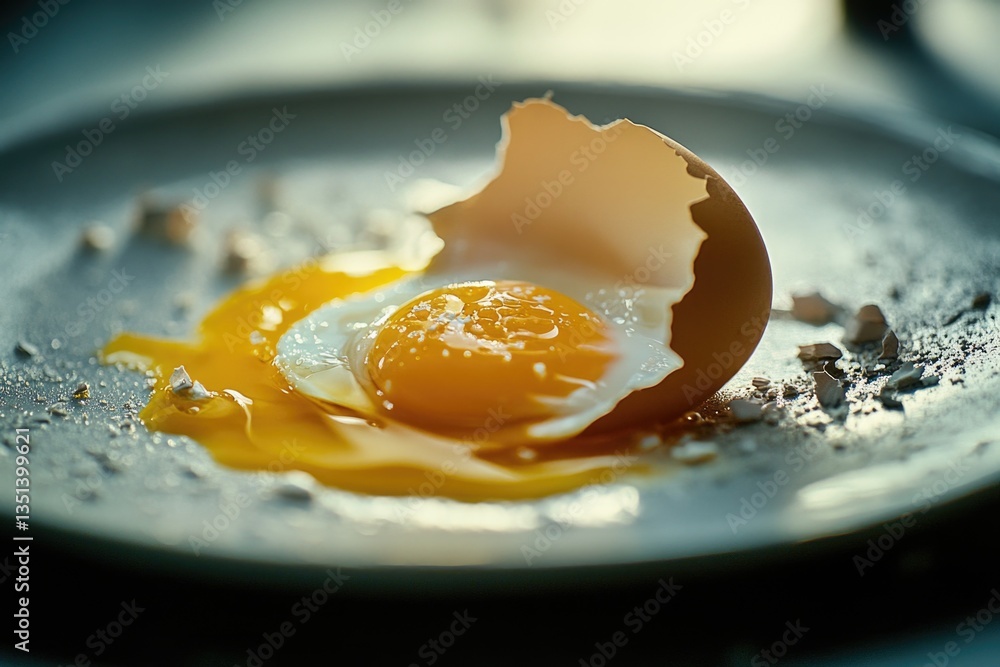 A single broken egg sitting on a plate, possibly from a meal or as part of a recipe