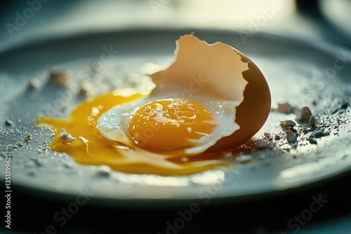 Obraz na płótnie A single broken egg sitting on a plate, possibly from a meal or as part of a recipe w salonie