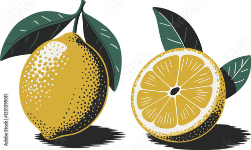 Lemon and a sliced lemon with green leaves on white background