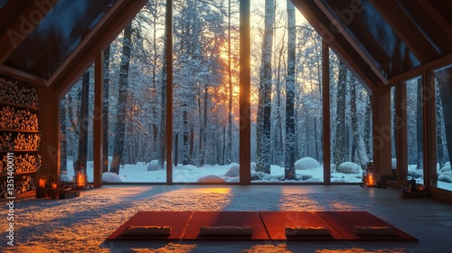 Cozy cabin interior with yoga mats and pillows overlooking a snowy forest at sunset